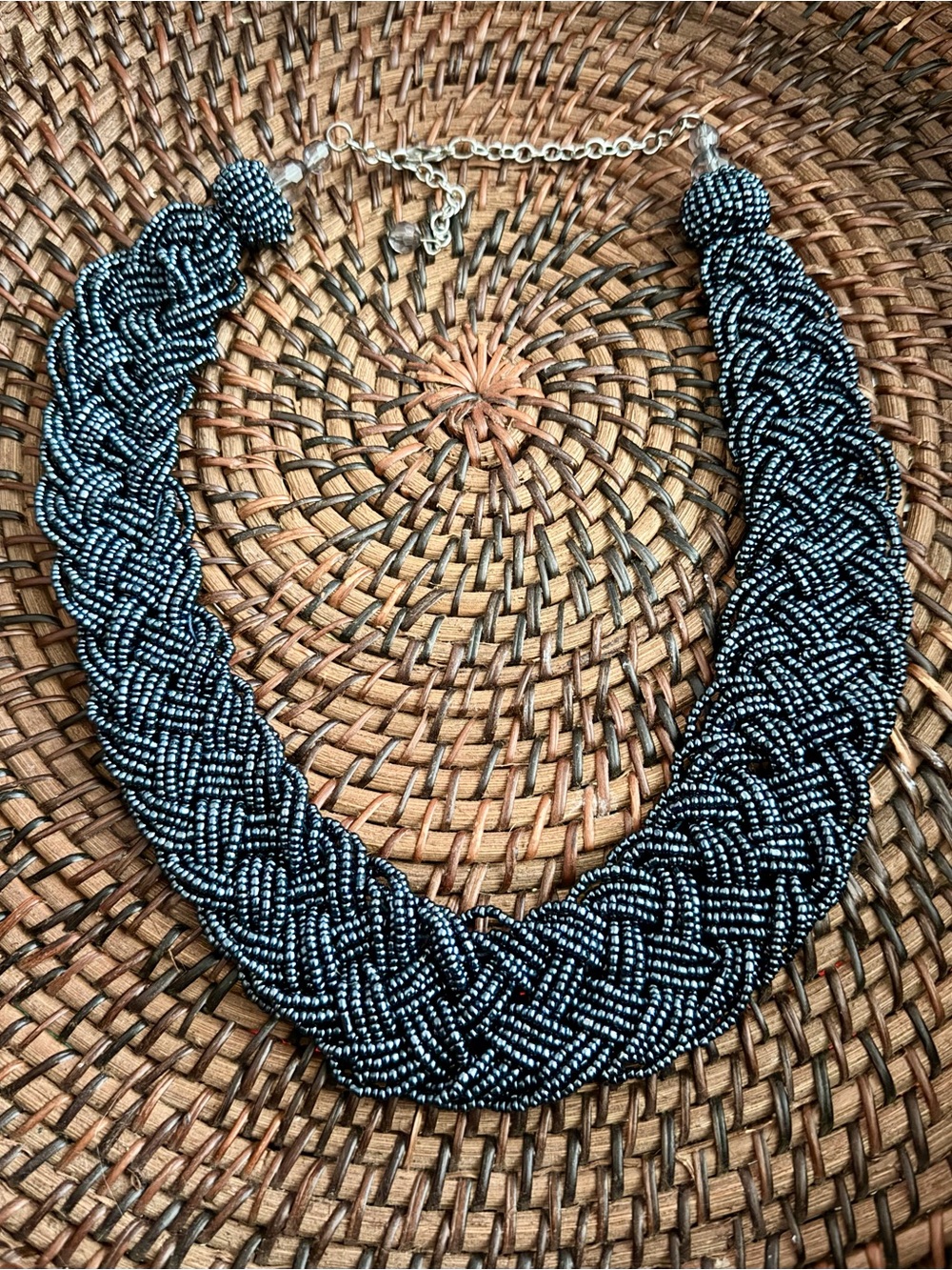 Source Unknown Black and Silver Braided Beaded Collar Necklace